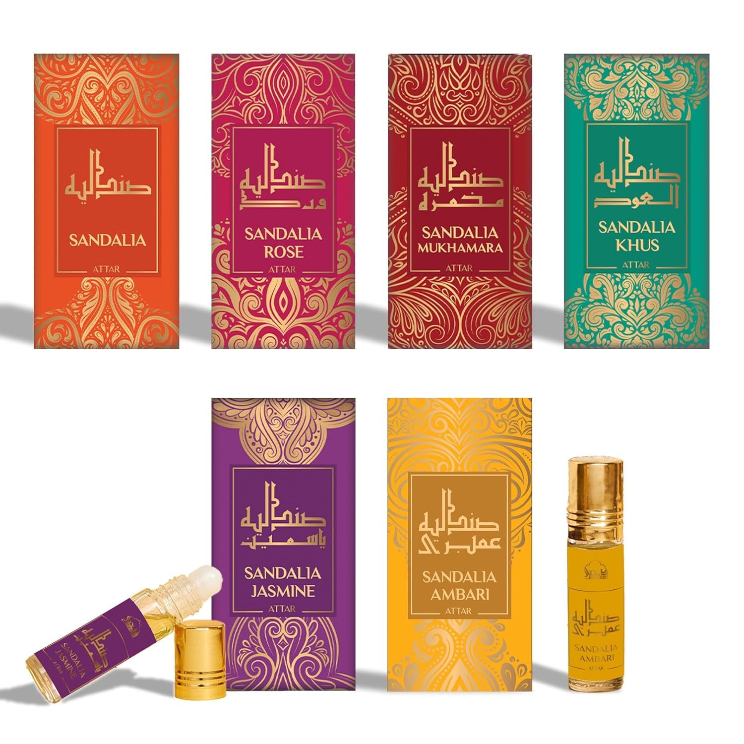 Dukhni Sandal Attar Oil Set Arabian sandalwood perfume oils | 6 assorted scents x 6ml | Authentic,Alcohol free, Vegan, Sandalia Collection Set for Gifting with Rose & Jasmine