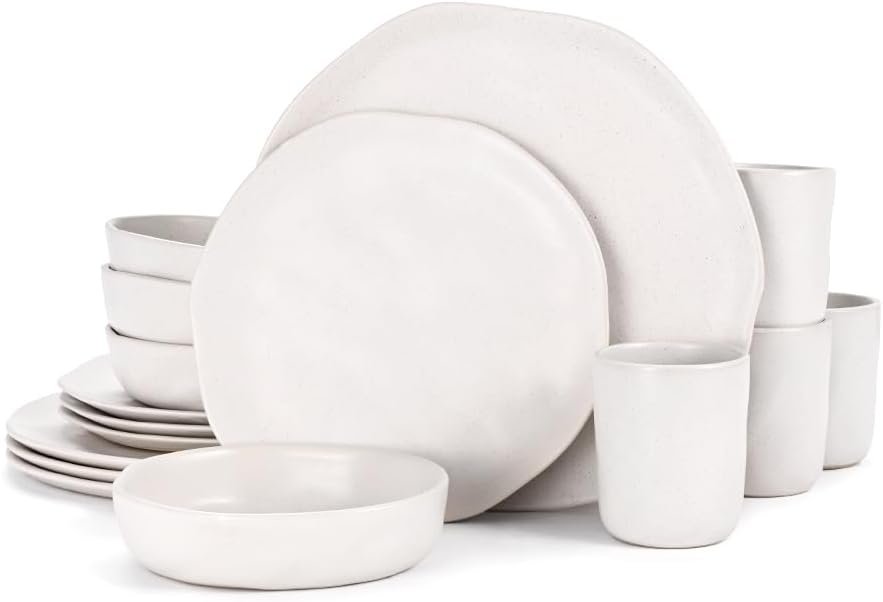 Cabtnca Plates and Bowls Sets for 4, 16 Pcs Modern Stoneware Dinnerware Sets, Highly Chip Scratch Resistant, Microwave & Dishwasher Safe, Irregular Dish Set for Kitchen Home, Speckled White