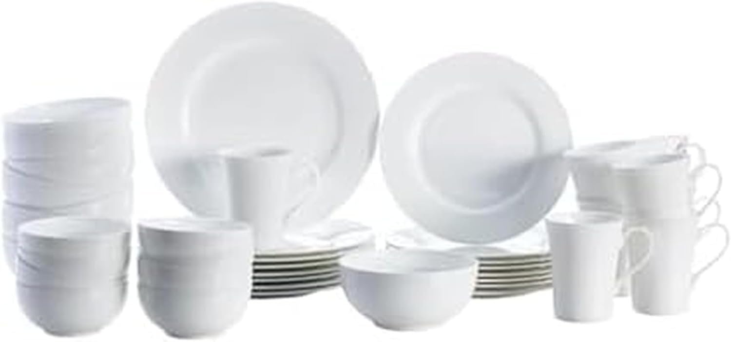 Mikasa Delray 40-Piece Bone China Dinnerware Set, White Round Dishes for 8 – Dinner Plates, Salad Plates, Cereal Bowls, Fruit Bowls and Mugs