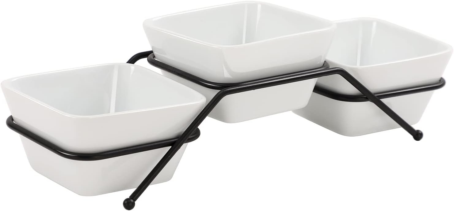 3 pcs square bowl Porcelain Chip & Dip Serving Set with Black Metal Stand, 4.5inch White Small Serving Bowls for Side Dishes, Salsa, Appetizer, Serving Dishes for Entertaining 11.5 OZ