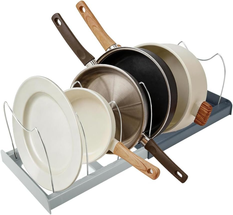 Pot and Pan Organizer Rack for Cabinet – Expandable 12″ to 22″ Kitchen Cabinet Organizer with 7 Dividers, Heavy-Duty ABS Base for Lids, Cutting Boards, Bakeware, Cookware Storage, Grey