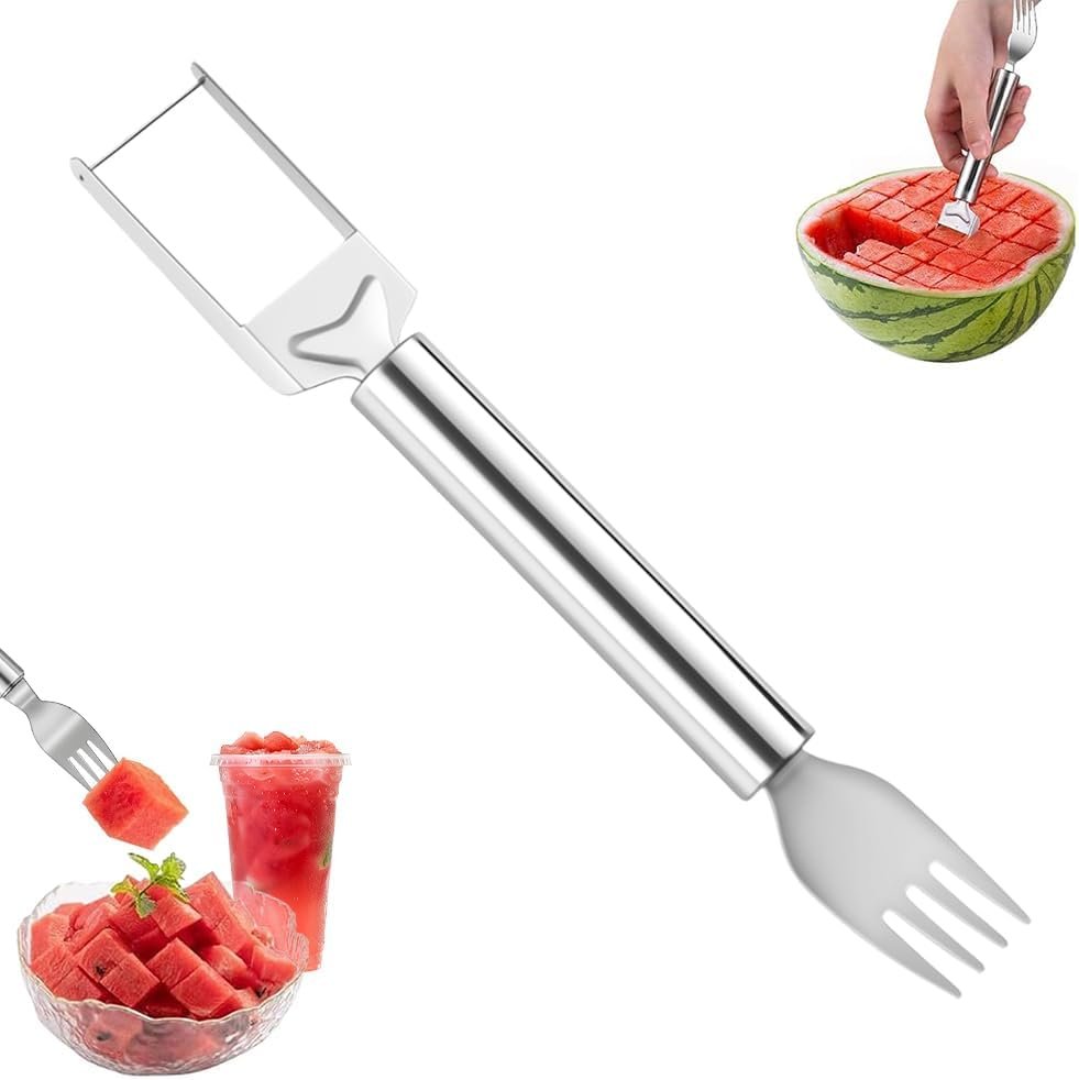 2-in-1 Stainless Steel Fruit Cutter, Watermelon Fork Slicer Tool, Watermelon Slicer and Fork, Dual Head Knife with Round Handle for Kitchen Fruit Cubes (1 Piece)