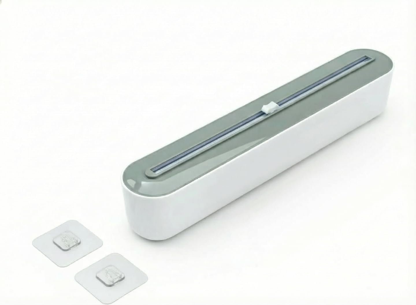 Plastic Wrap Dispenser with Cutter, Gray White ABS Material, Wall Mount or Countertop, 393mm x 63mm x 85mm, Universal Size Compatible with Plastic Wrap, Parchment Paper, Aluminum Foil