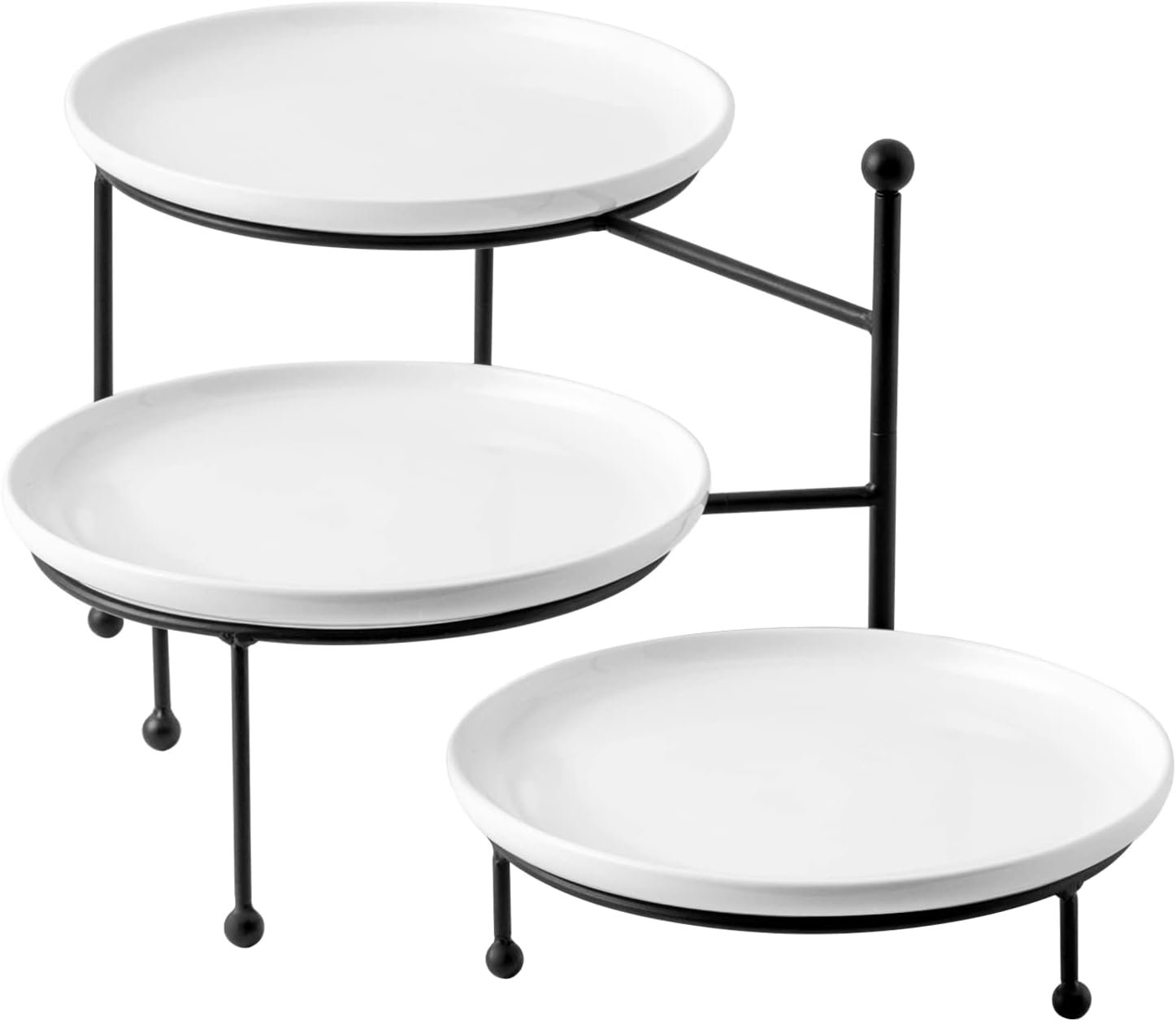 Kanwone 3 Tiered Serving Stand with White Porcelain Plates, 10″ Round Tray, Dessert Table Display Set, Black Metal Stand, Versatile & Durable