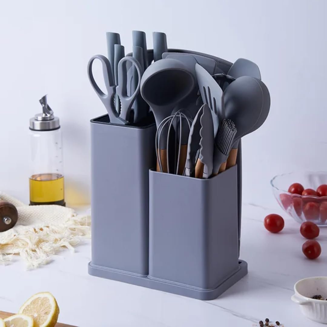 Silicone Kitchen Utensil Set, 19 Piece with Wooden Handles, Cutting Board, Storage Holder, Black Pink Gray Mint Green, Cooking Tools with Organizer (Grey)