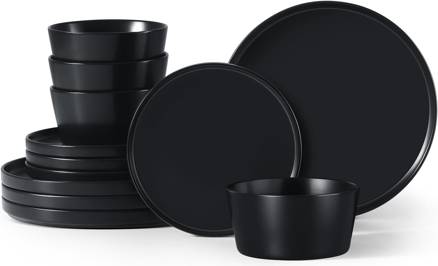 Herogo 12 Pieces Stoneware Dinnerware Set, Service for 4, Dinner Plates and Bowls Sets, Double Reactive Glaze Dishes Set for Kitchen, Scratch Resistant, Dishwasher Safe, Matte Black