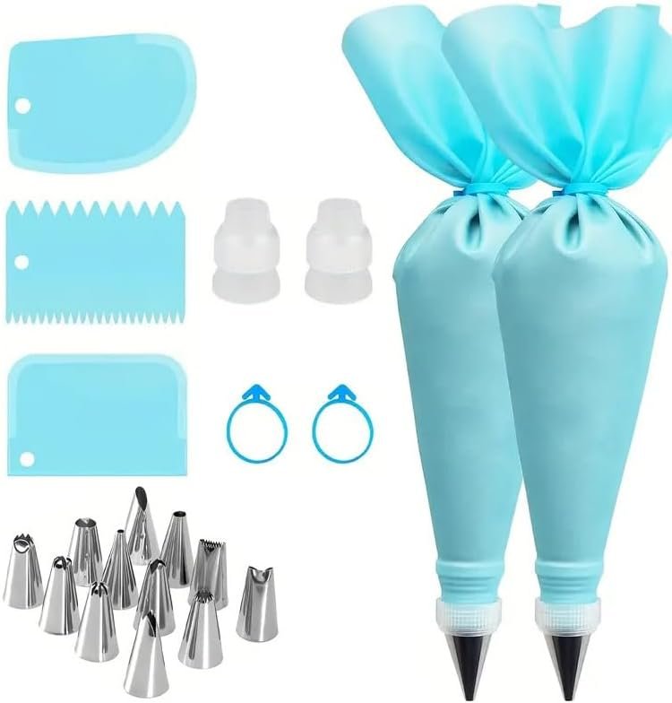 21-Piece Piping Bags and Tips Set, Reusable Cake Decorating Kit with 12 Stainless Nozzles, 2 Pastry Bags, 2 Couplers, 3 Scrapers and 2 Silicone Rings – Blue