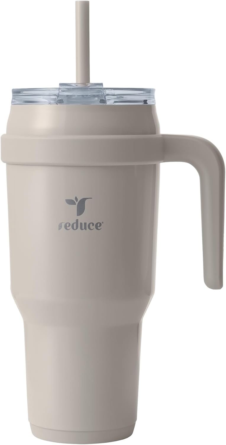 REDUCE 40 oz Stainless Steel Tumbler with Handle – Dual-Wall Vacuum Insulated Travel Mug, Sweat-Proof Lid & Reusable Straw – Keeps Drinks Cold for 24 Hrs, Fits Cupholders, Dishwasher Safe – Sand