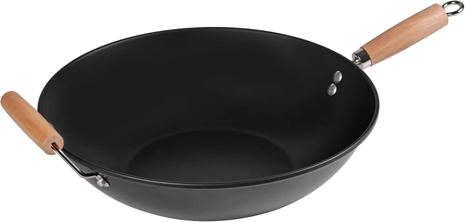 Wok, 12.5-inch carbon steel non-stick flat-bottom pan, professional chef-style frying pan, heat-resistant handle, easy to clean, black