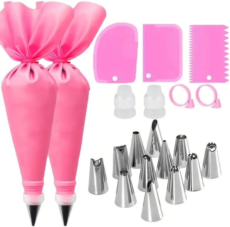 21 Pcs Piping Bags and Tips Set for Cake Decorating, Stainless Steel Piping Tips and Reusable Pastry Bag Kit, Cake Piping Tool Supplies, Pink