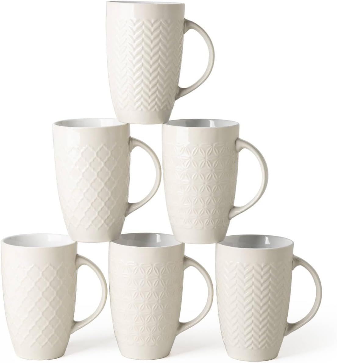 AmorArc Large Coffee Mugs Set of 6, 16oz Ceramic Tall Coffee Mugs Set with Textured Geometric Patterns for Coffee/Tea/Beer/Hot Cocoa, Dishwasher & Microwave Safe,Beige