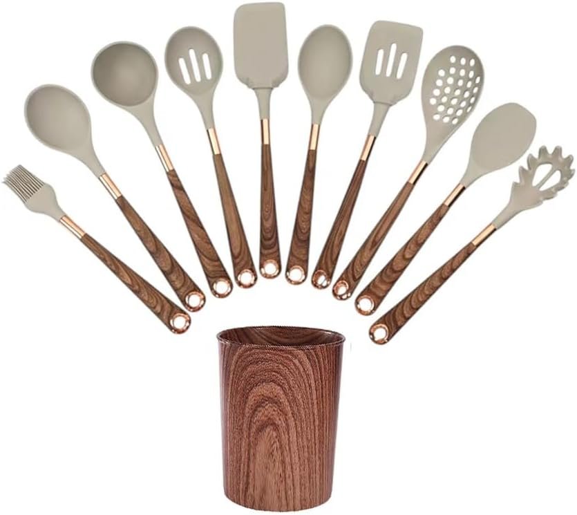 11-Piece Silicone Kitchen Utensil Set with Wooden Handle & Holder – Heat-Resistant, Non-Scratch Cooking Tools for Non-Stick Cookware
