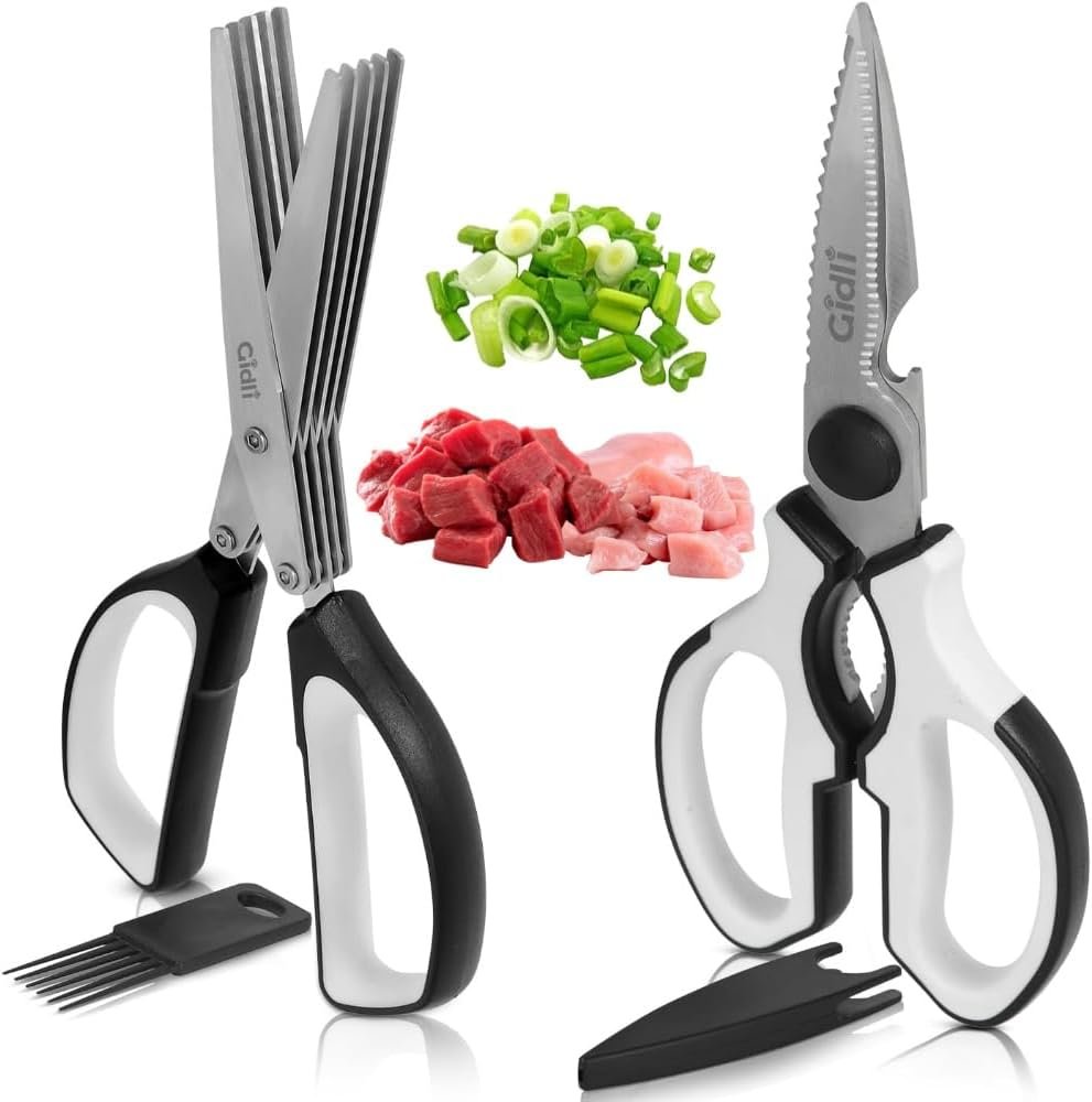Gidli 5 Blade Herb Scissors Set with Heavy Duty Kitchen Shears – Stainless Steel Vegetable Scissors for Fresh Herbs and Salad Prep – Dishwasher Safe 2 Pack with Protective Cover