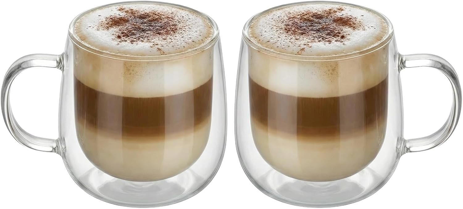10oz Double Walled Glass Coffee Mugs Set of 2, Clear Insulated Mug for Cappuccino, Latte, Borosilicate Glass Cup, Heat & Cold Resistant Glasses