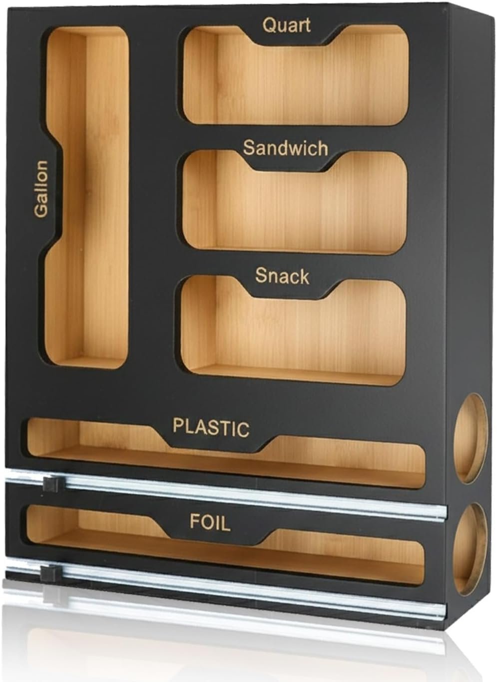 6-in-1 Ziplock Bag Organizer & Plastic Wrap Dispenser with Cutter, Kitchen Drawer Organizer for Food Storage Bags, Foil, Plastic Wrap, Parchment Paper Bamboo Bag Organizer