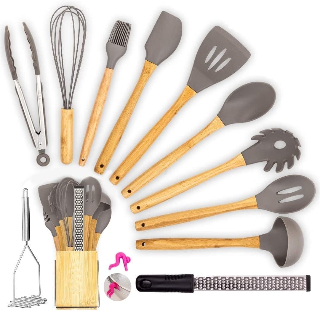 Kitchen Cooking Utensils Set, 13 pcs Non-Stick Silicone Cooking Kitchen Utensils Spatula Set with Holder, Bamboo Handle Silicone Kitchen Gadgets Utensil Set for Nonstick Cookware