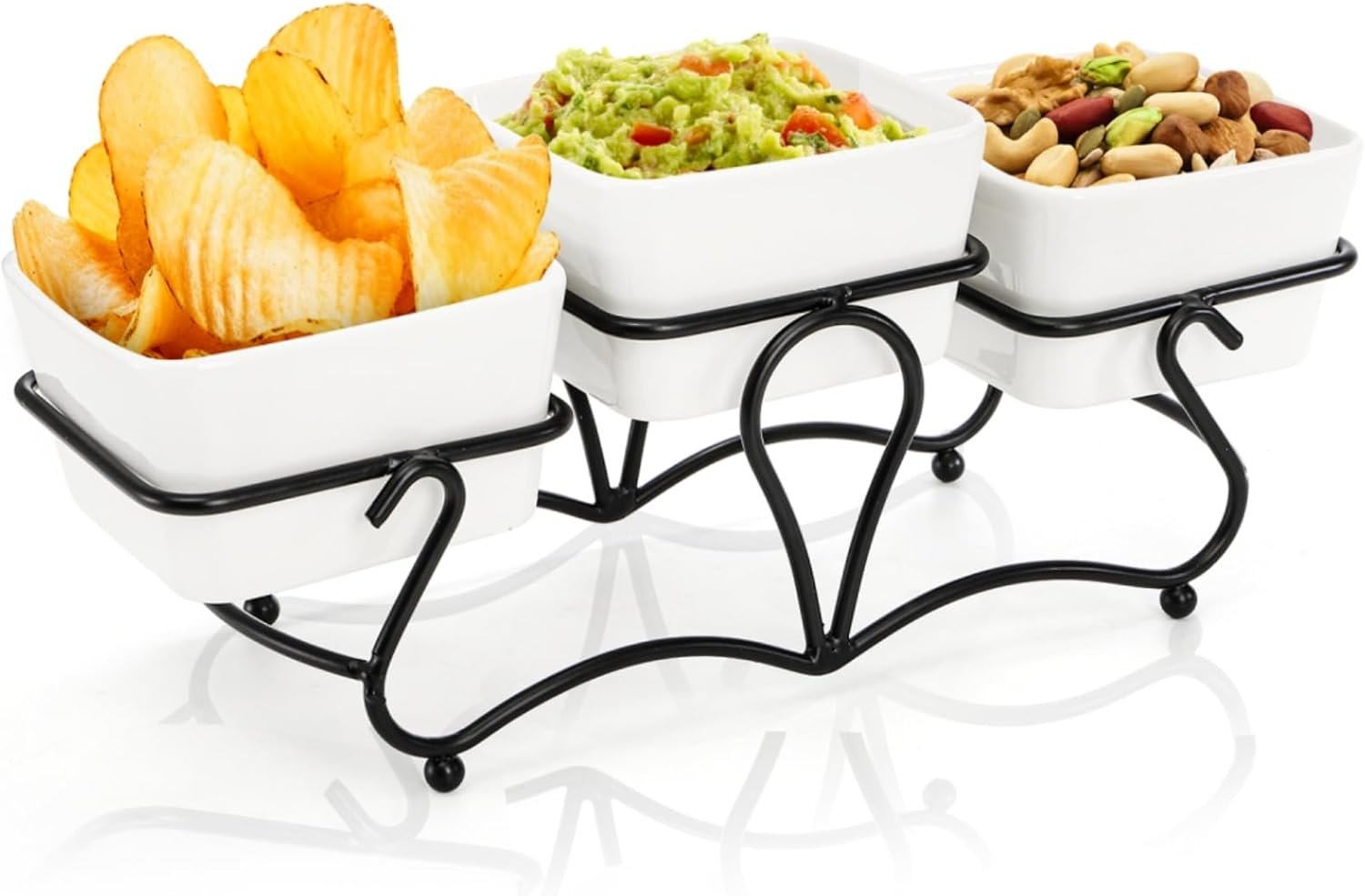Eorbow 10 OZ Square Bowl Chip & Dip Serving Set, 3 Pieces Ceramic Condiment Server with Metal Stand, Serving Dish Tray for Party Entertaining, Small Snack Platters for Side Dish Appetizer Nuts