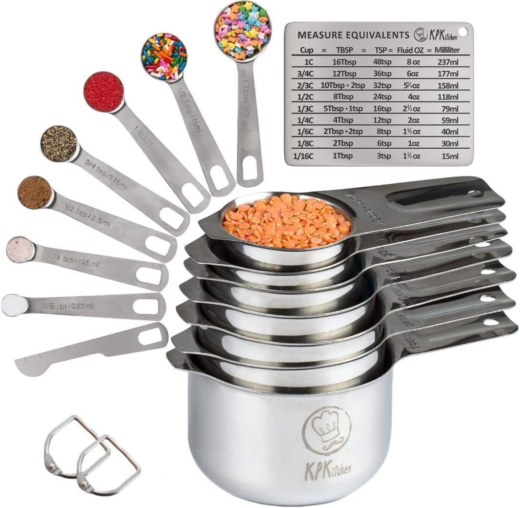 Stainless Steel Measuring Cups and Spoons Set of 16-7 Cup & 7 Spoon + Conversion Chart & Leveler – Kitchen Measuring Spoons and Cups – Dry Measure Cups Stainless Steel & Baking Metal Measuring Cups