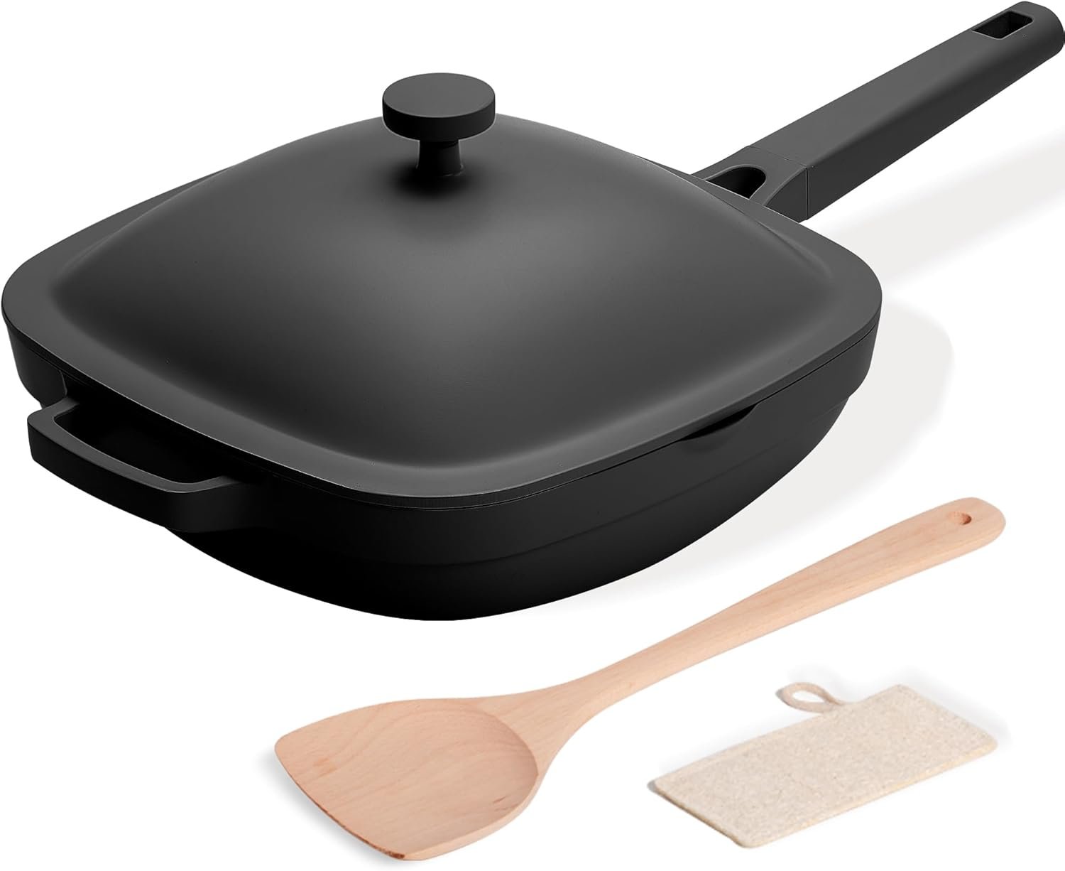 USELUCK 10.5 Inch(3.8QT) Ceramic Pan with Lid,Non Stick Frying Pans Cast Aluminum Deep Sauté Pans,Ti-Ceramic Non Toxic Pix Pan with Wooden Spatula and Scrubber-Midnight Hearth