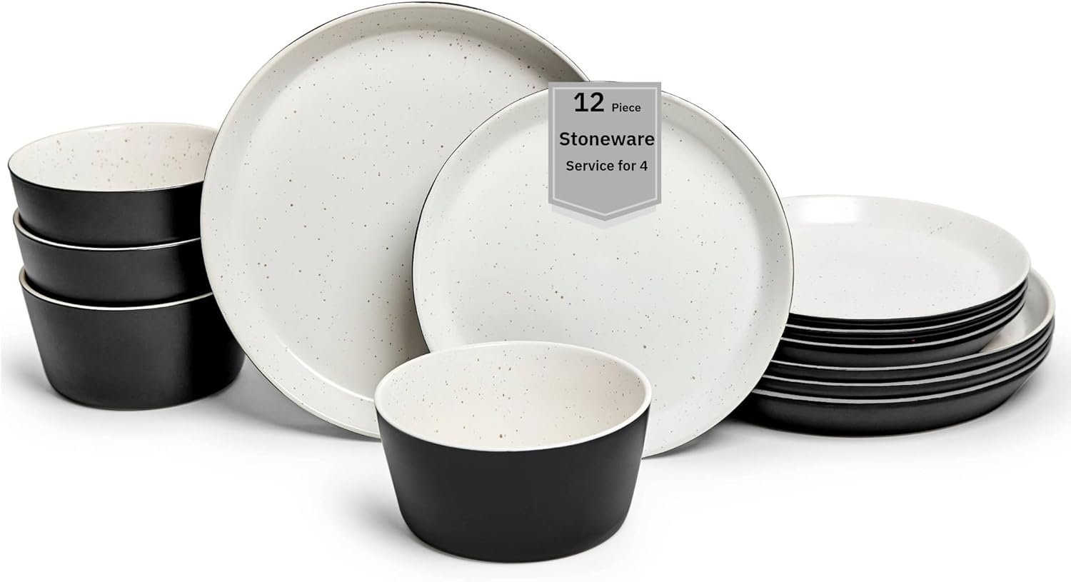 Sango 12-Piece Stoneware Dinnerware Set for 4, Modern White & Black Plates and Bowls Sets with Speckled Glaze, Durable Kitchen Ceramic Dish Set, Microwave & Dishwasher Safe Everyday Dishes, Stockholm