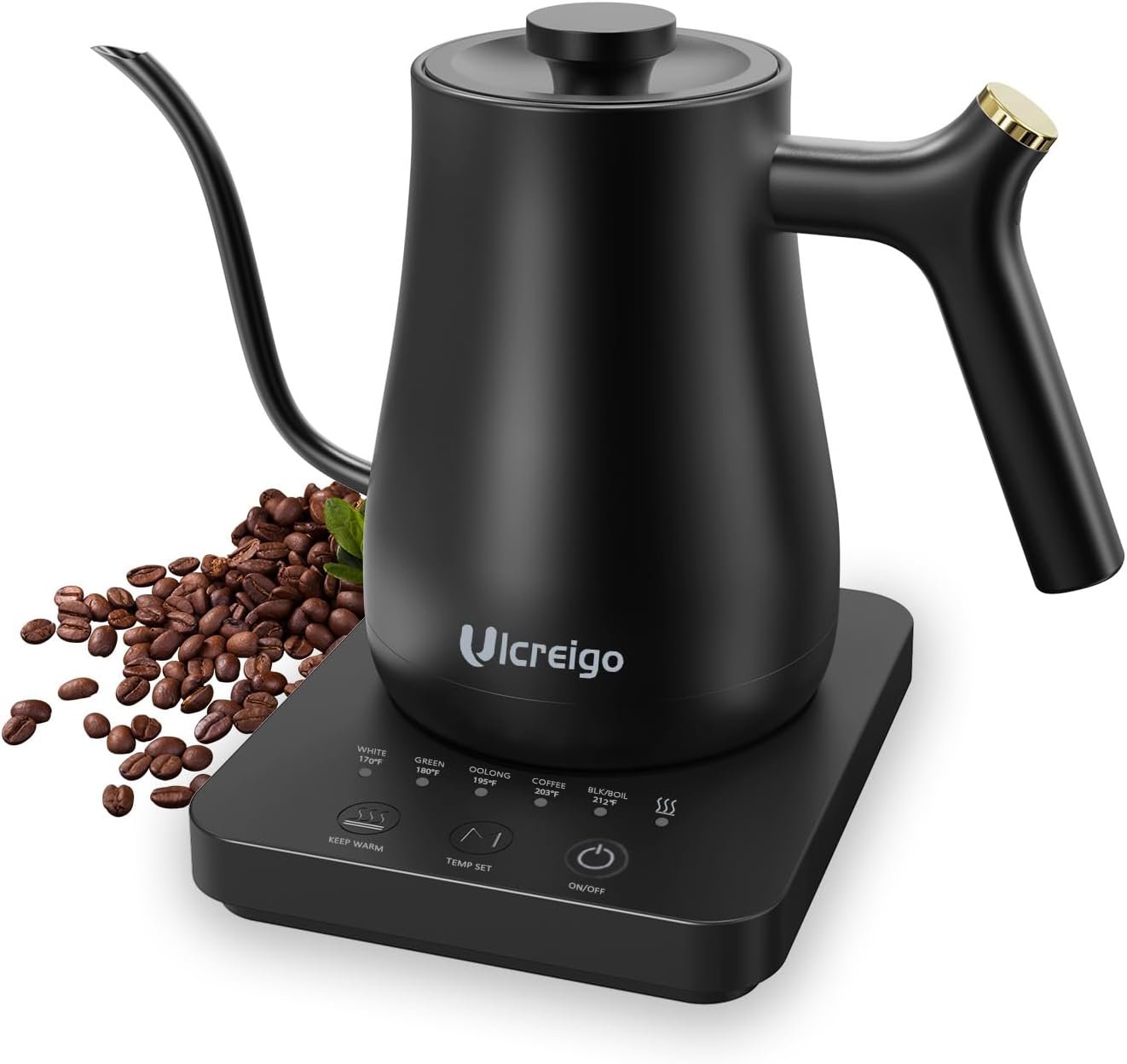 Gooseneck Electric Kettle,Ulcreigo Tea Kettle for Boiling Water, Temperature Control with 5 Variable Presets,Hot Water Boiler Heater for Pour Over Coffee, Keep Warm 2 Hours,304 Stainless Steel(Black)
