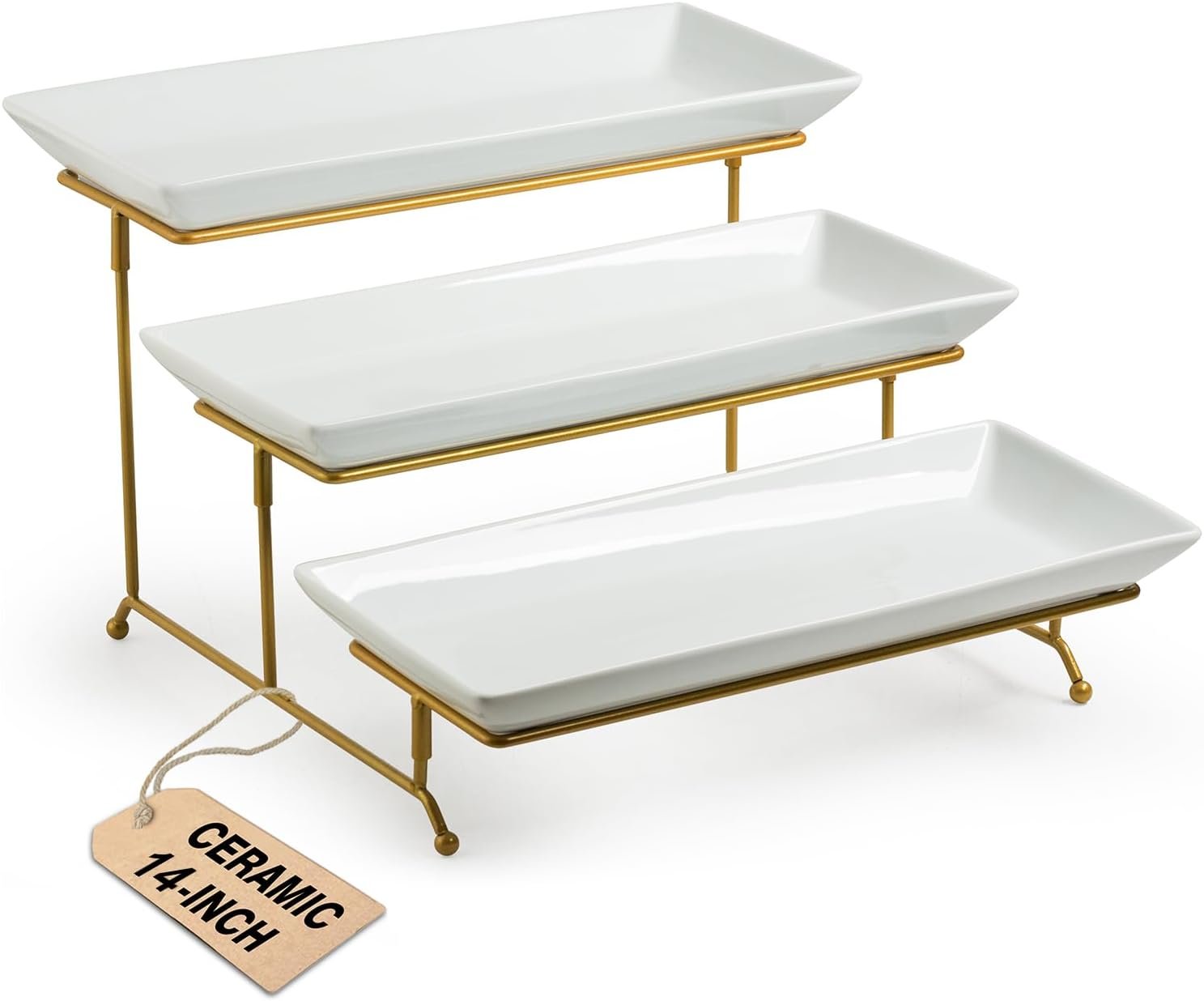 LAUCHUH Large 3 Tier Serving Stand Tiered Serving Trays with Collapsible Sturdier Rack Porcelain Serving Trays and Platters for Fruit Dessert Presentation Mother’s Day Party Display Set, 14 Inch
