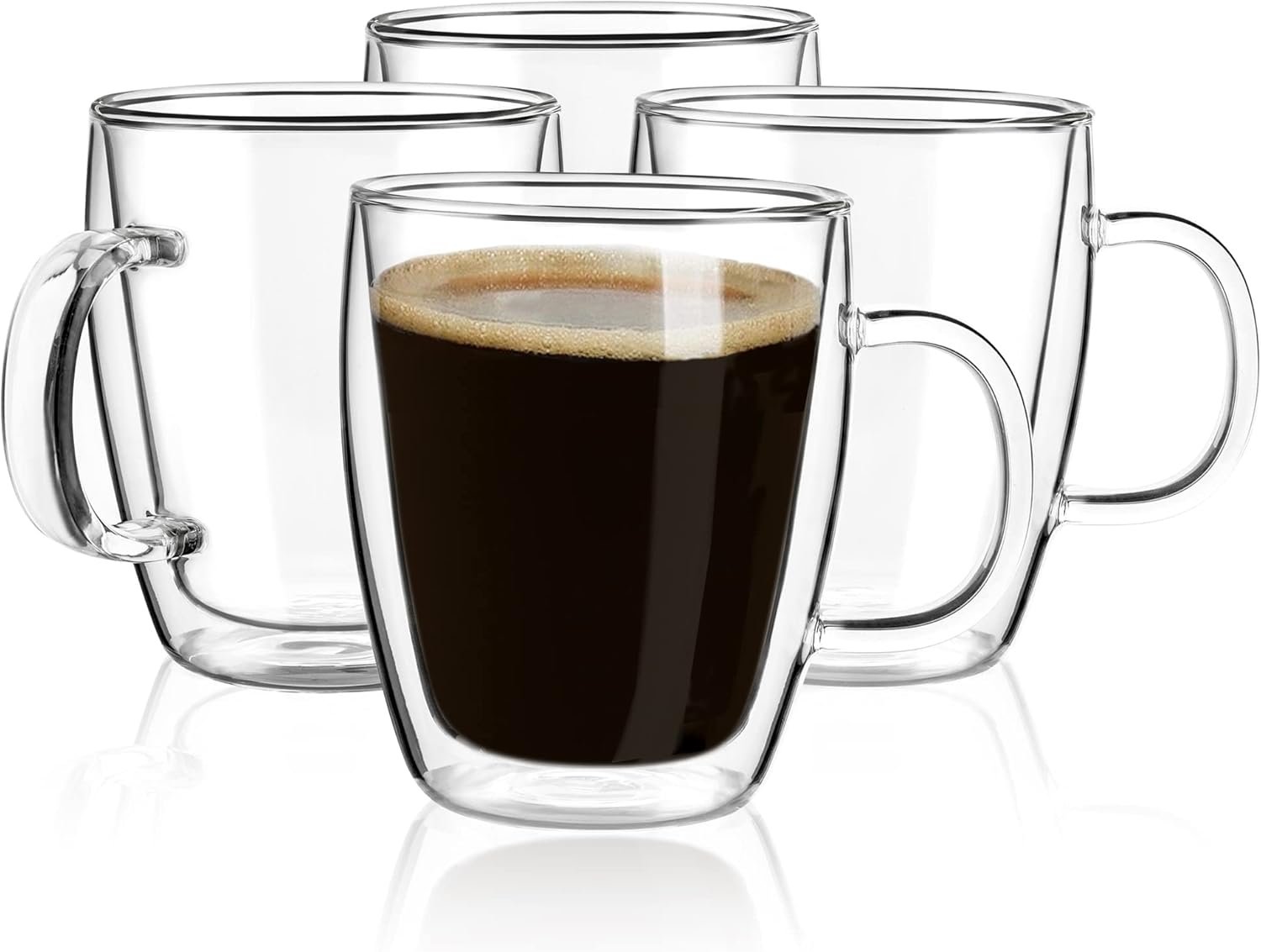 YUNCANG Double Wall Coffee Mugs, (4-Pcak) 16 Ounces-Clear Glass with Handle,lnsulated,Cappuccino,Tea,LatteCups,Beverage Glasses Heat Resistant