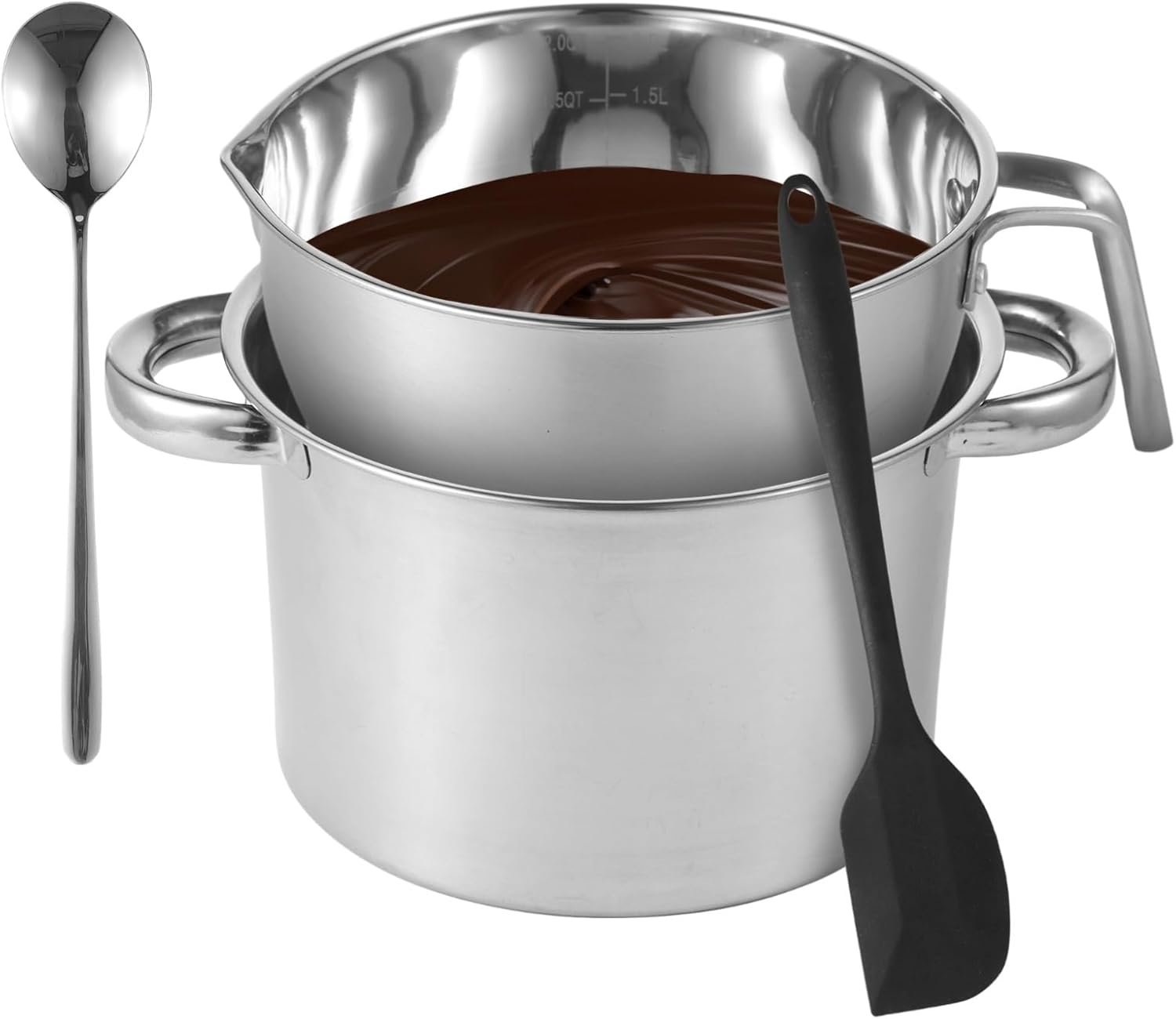 Double Boiler Set with Silicone Spatula – 2.0 QT Stainless Steel Double Boiler with Scale & Handle for Melting Chocolate, Soap, Wax, Candle Making
