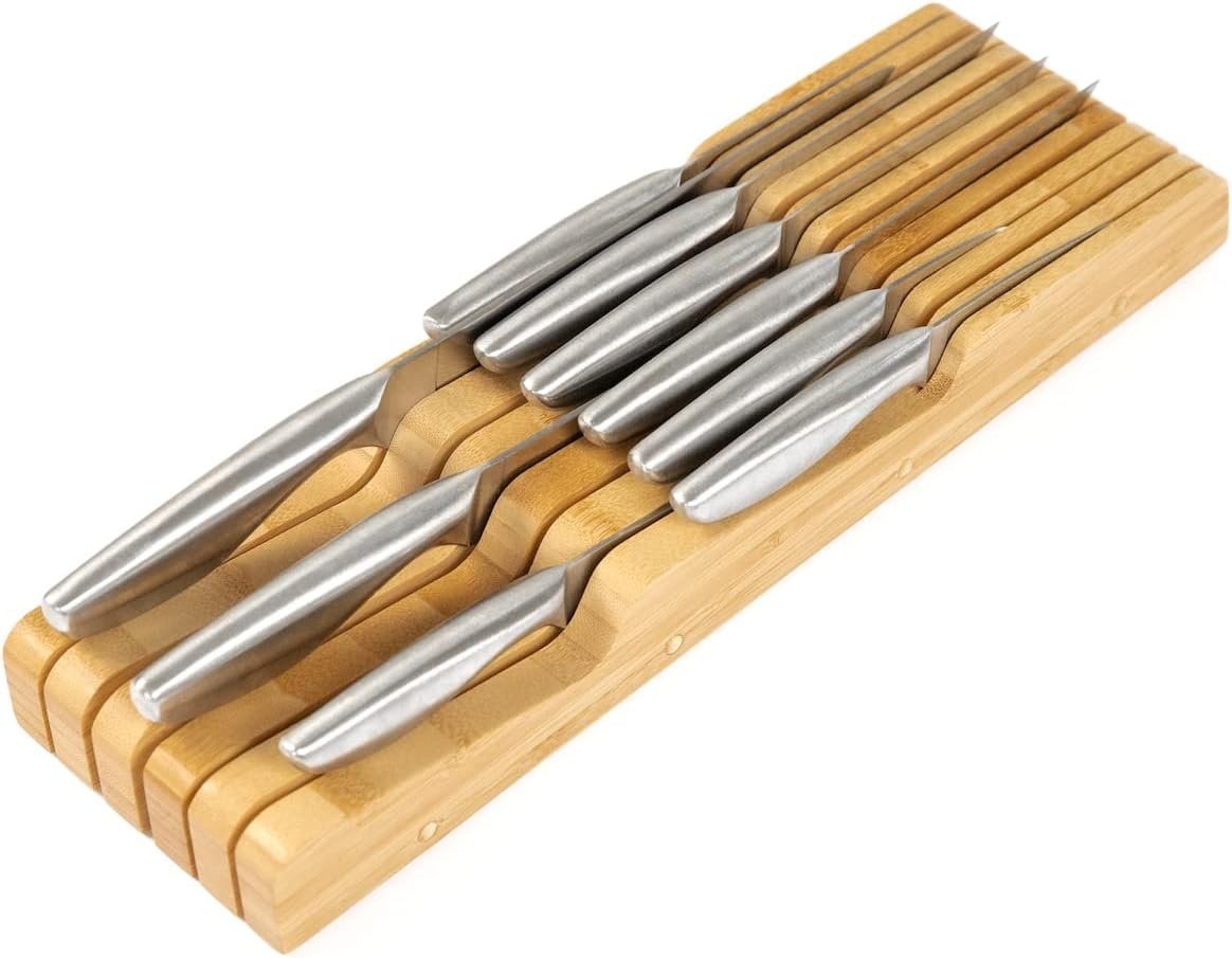 KitchenEdge Bamboo Kitchen Knife Block Holder Organizer – Holds 5 Long + 6 Short Knives (Not Included), Fits Most Knife Sizes, Rubber Feet, Sustainable Bamboo, In-Drawer Design