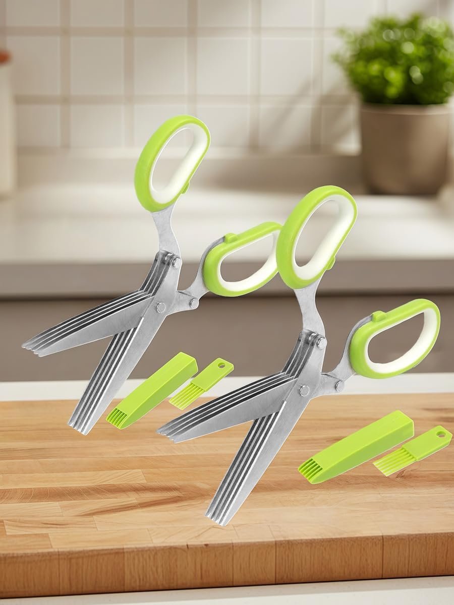 2 Pack 5-Blade Stainless Steel Herb & Kitchen Shears – Cooking Scissors with Cleaning Comb, Protective Cover Colorful
