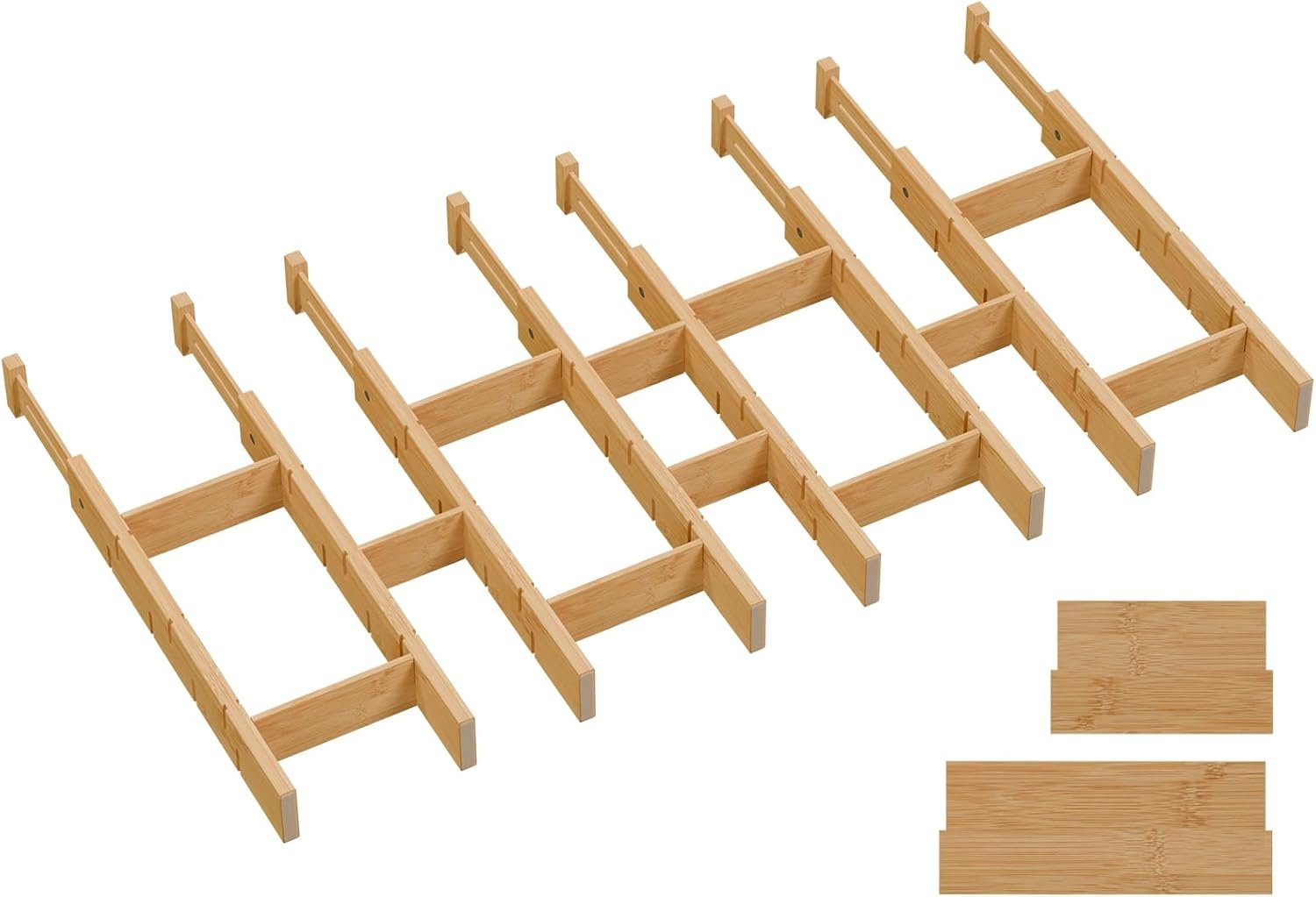 Kitchen drawer organizer,expandable bamboo drawer divider,include 8 dividers,8 small inserts and 8 medium inserts for Home, Office, Dressers (Long-8 Dividers)