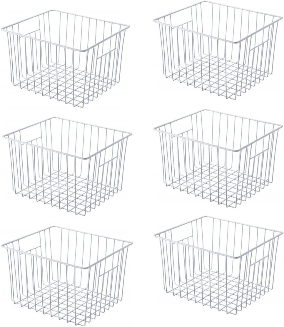 Freezer Basket Organizer, Refrigerator Metal Wire Storage Divider, Household Container Bins with Handles for Kitchen, Pantry, Cabinet, Closets – Pearl White (6, 11in x 10in x 5.5in)