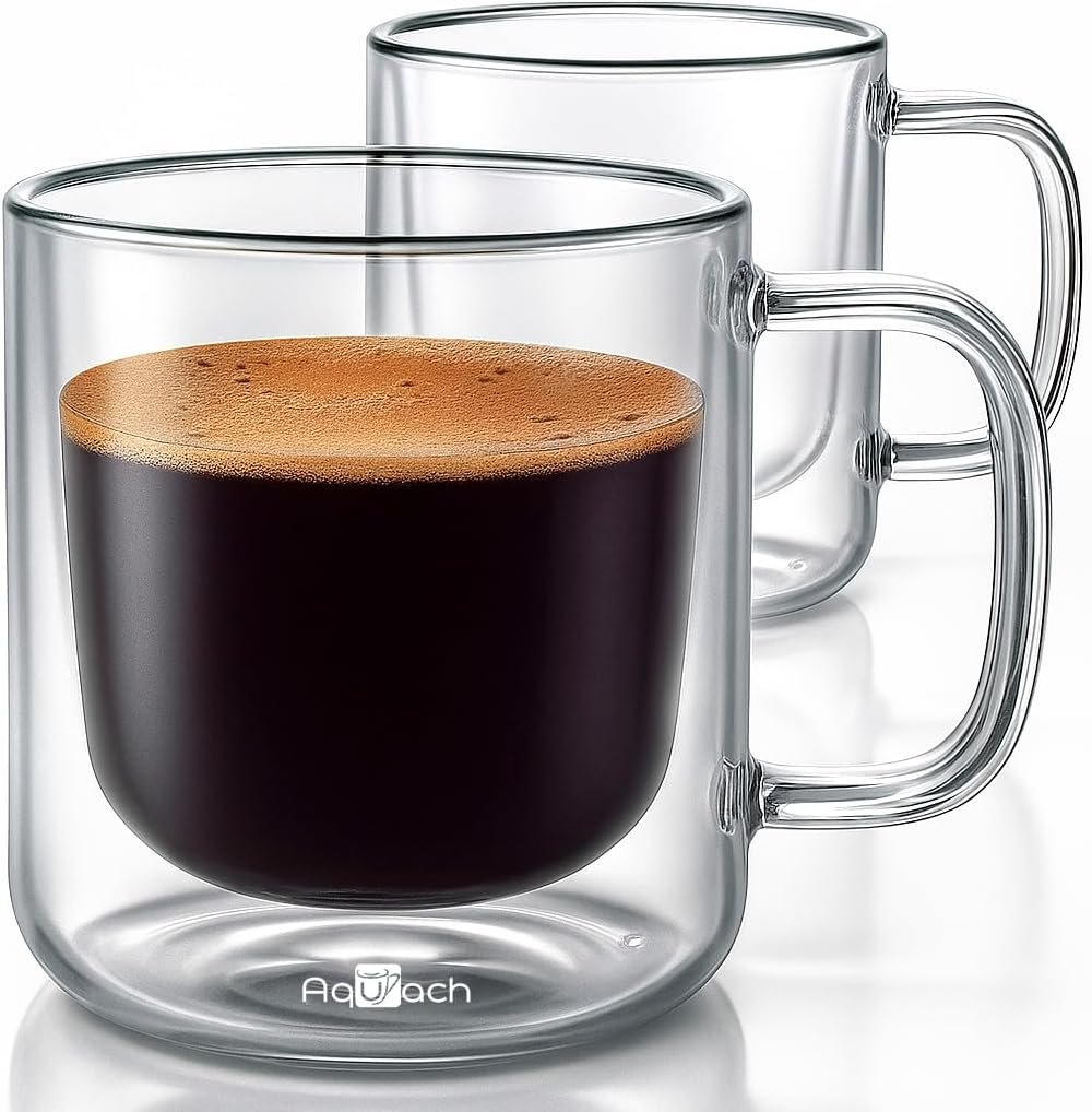 Aquach 2-Pack Double Walled Insulated 8oz Glass Coffee Mugs with Handle – Ideal for Espresso, Latte, Americano, and Cappuccino