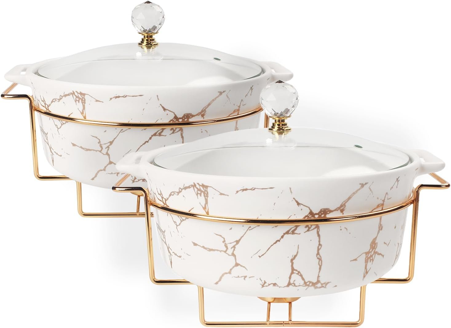 4.9″ Mini Ceramic Casserole Dish with Glass Lid and rack, Set of 2, 13.5 Oz French Onion Soup Serving Tureen, Chafing Dish for Individual Portion, Chocolate fondue Party, Bakery, Desserts