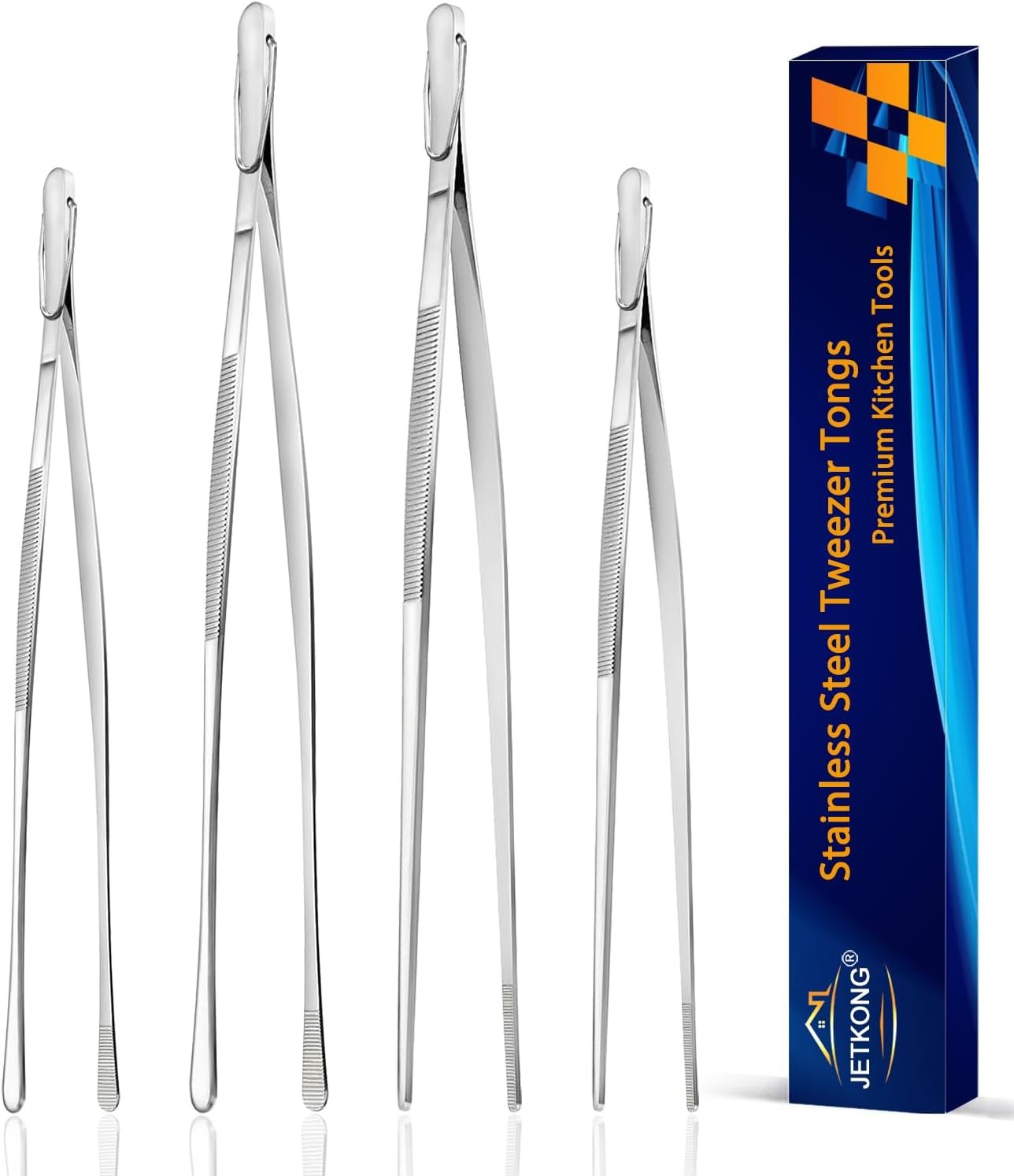 JETKONG 4 Pcs Kitchen Tweezers, 12” and 10” Stainless Steel Cooking Tweezers Set, High-Precision Tweezer Tongs for Cooking, Repairing, Seafood and BBQ (Silver)