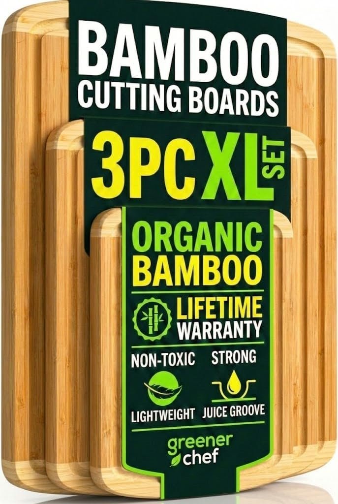 Greener Chef Luxury XL Bamboo Cutting Board Set of 3 with Vertical Grain Strength Technology – Extra Large Wood Cutting Boards for Kitchen and Lightweight Chopping Board Set – Replacements for Life