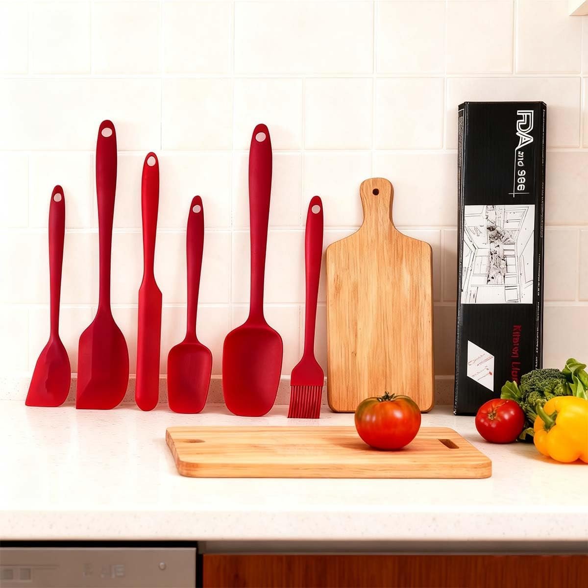 6-Pcs Silicone Spatula Set for Baking, Heat Resistant Kitchen Utensils with Non-Stick Design, Cooking and Mixing Tools in Red for Kitchen Use