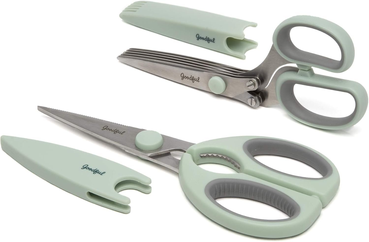 Goodful Utility Kitchen Shear and 5-Blade Herb Shear Set, Premium Stainless Steel Blades with Protective Guards, Comfort Grip Handles, Built-in Herb Shear Cleaning Comb, 2-Piece Set, Sage Green