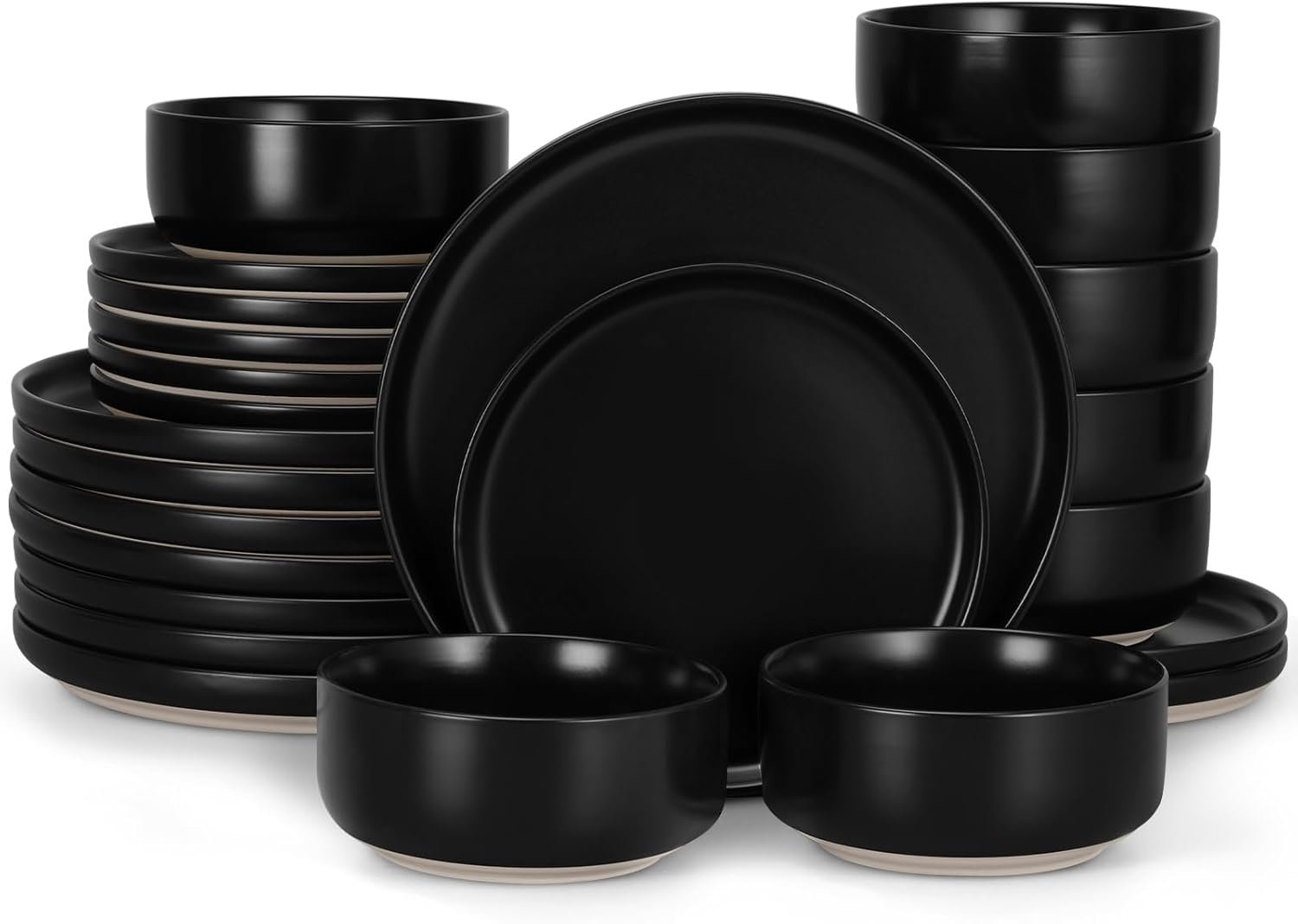 LIANYU Plates and Bowls Sets for 8, 24 Piece Stoneware Dinnerware Set, Porcelain Dishware for Kitchen and Dining, Microwave Oven Dishwasher Safe, High temperature & Scratch Resistant, Matte Black