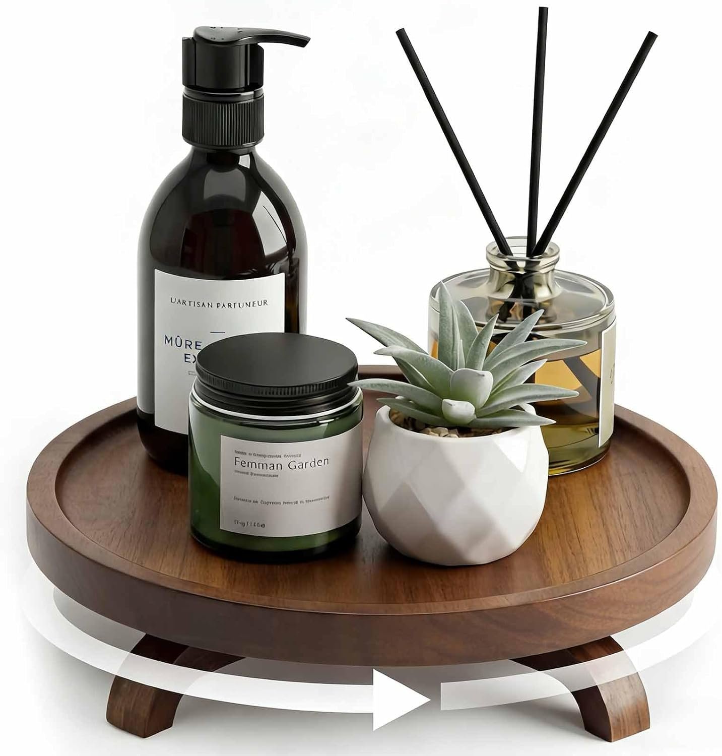 10″ Solid Wood Lazy Susan Turntable Organizer for Cabinet, Pantry, Kitchen Countertop – Farmhouse Style with Raised Feet & Water-Resistant Coating, Rustic Bathroom Vanity Tray and Dining Table Decor