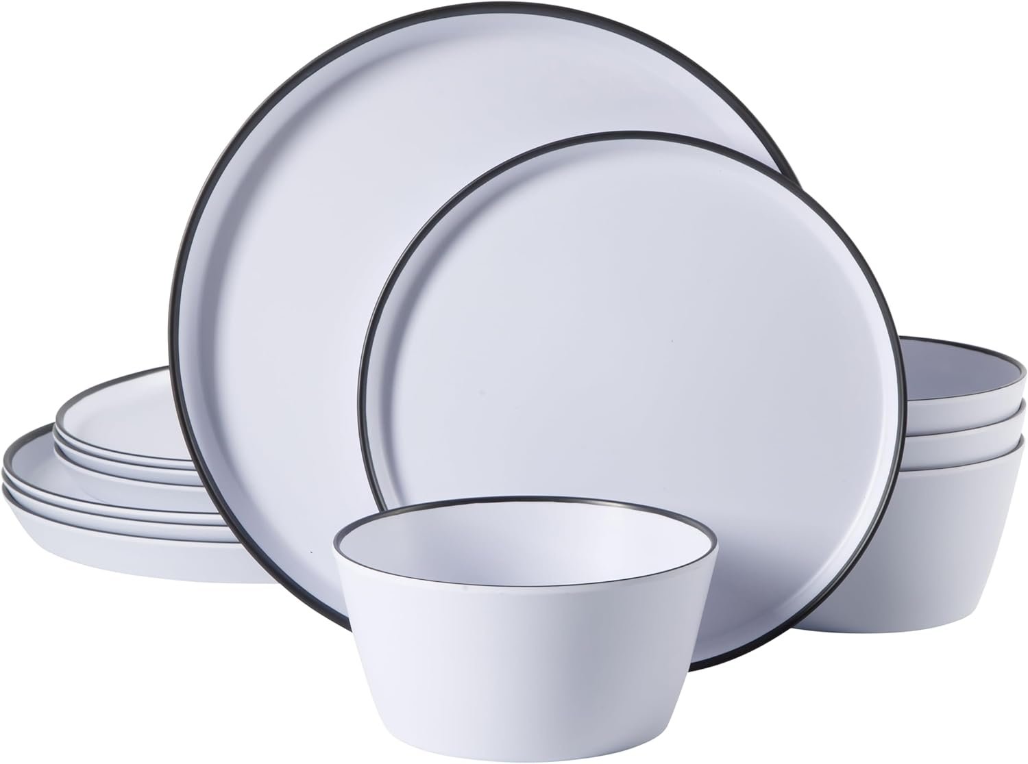Gibson Home Folsom Shores 12 Piece Unbreakable Modern Melamine Plates and Bowls Dinnerware Set – Outdoor, Camping, & Everyday Use – White W/Black Rim