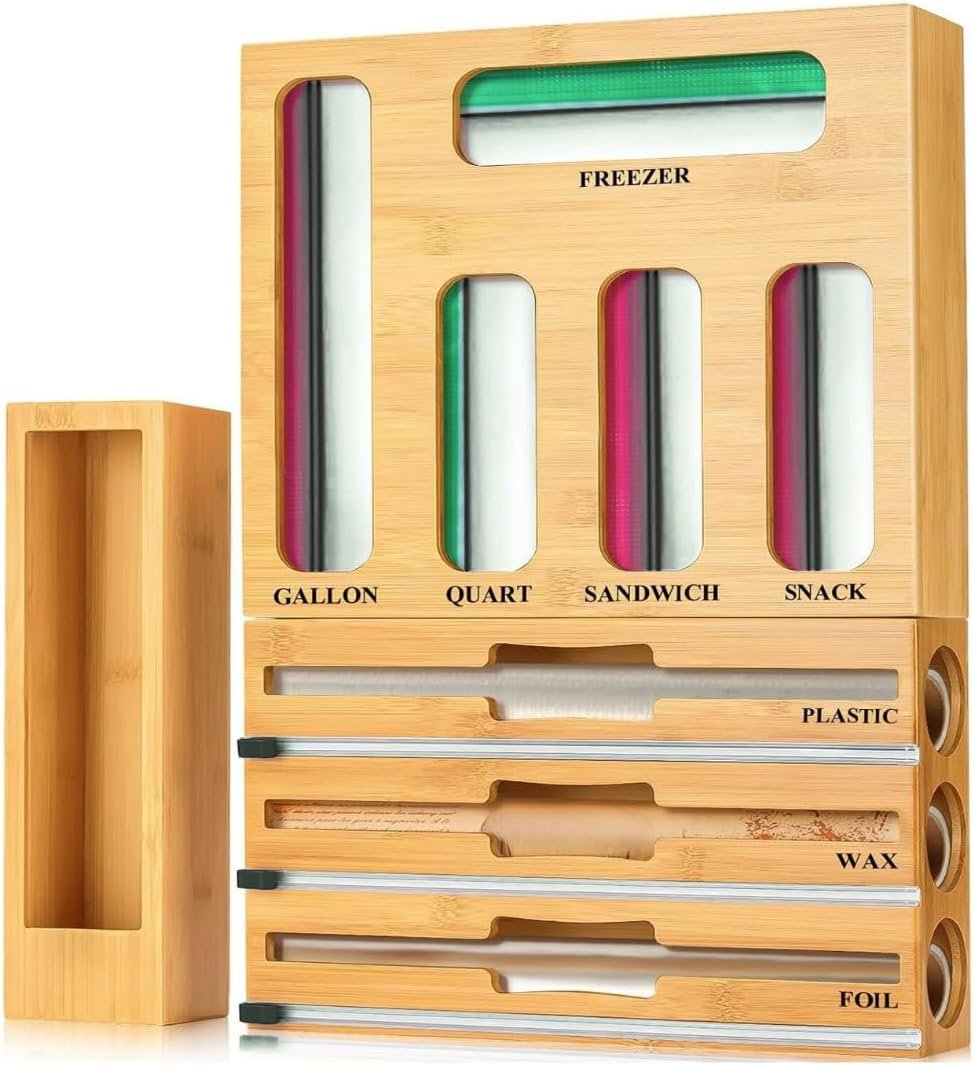 9-in-1 Bamboo Kitchen Drawer Organizer – Storage Bag Holder with Built-In Foil & Wrap Cutter Dispenser – Wooden Food Storage Bag Organizer for Gallon, Quart, Sandwich and Snack Sizes