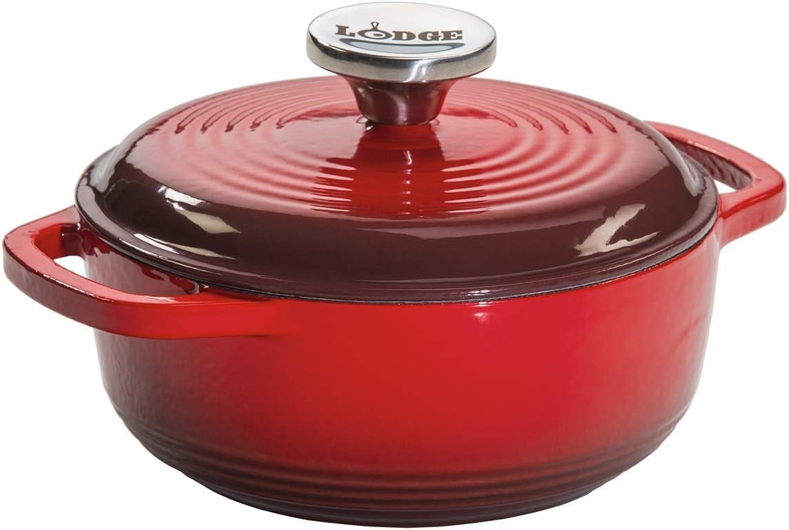 Lodge 1.5 Quart Enameled Cast Iron Dutch Oven with Lid – Dual Handles – Oven Safe up to 500° F or on Stovetop – Use to Marinate, Cook, Bake, Refrigerate and Serve – Red