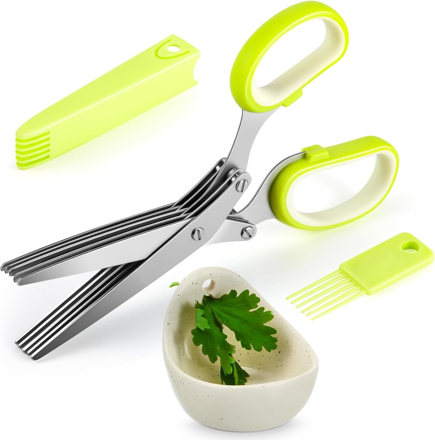 Remerry Herb Scissors 5 Blade with Cleaning Comb, Herb Stripper Bowl with 4 Hole Sizes, Cutter for Basil, Chives, Parsley, Kitchen Cutting Tool Set