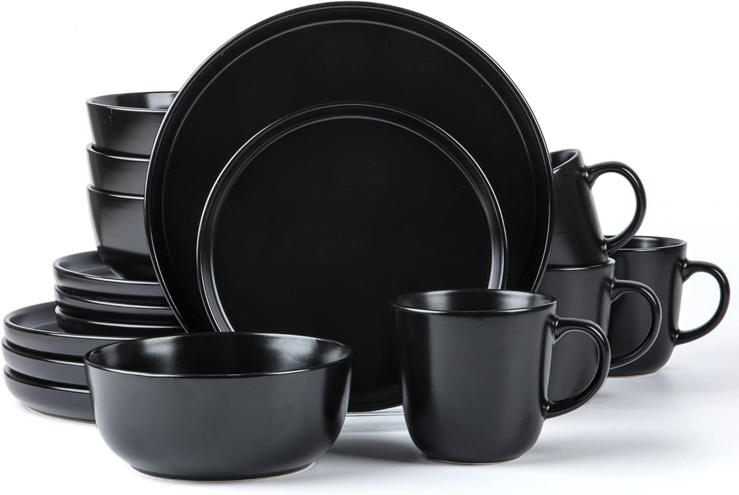 SKUGGA Round Stoneware 16pc Dinnerware Set of 4, Dinner Plates, Side Plates, Cereal Bowls, Mugs – Matte Black (472979)