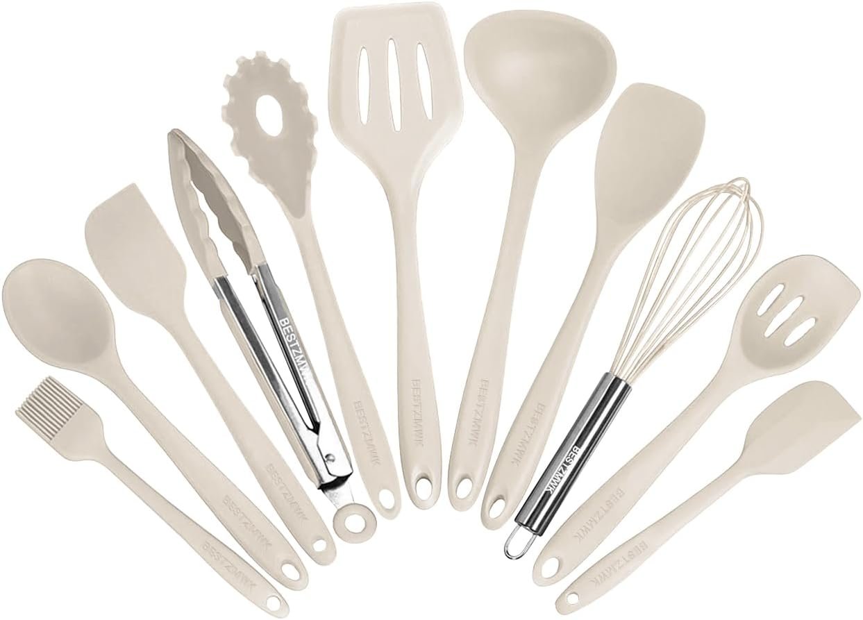Kitchen Utensil Set – 11 Cooking Utensils – Colorful Silicone Kitchen Utensils – Nonstick Cookware with Spatula Set – Colored Best Kitchen Tools Kitchen Gadgets (Khaki)