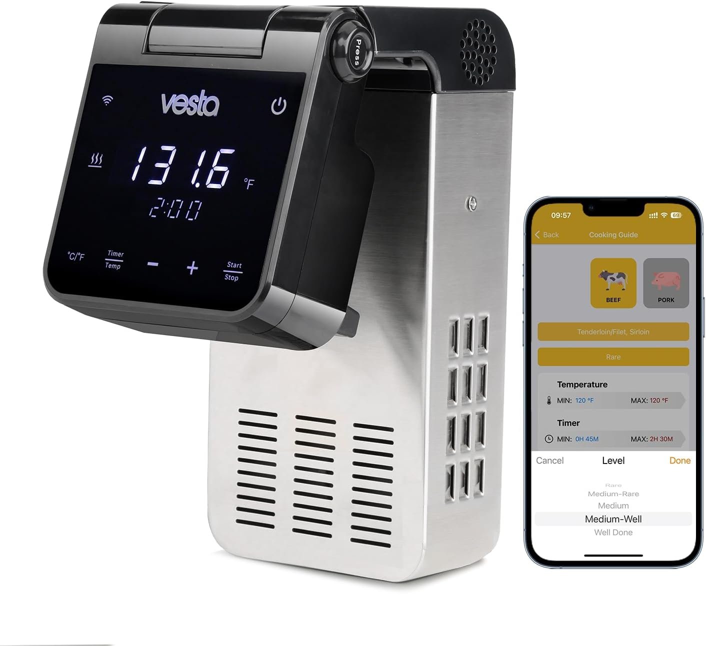 Vesta Precision Sous Vide Cooker, 30L Capacity, WiFi App Control and Large Display Screen,Foldable Design, IPX7 Waterproof, High Performance Immersion Circulator for Home & Professional Kitchen