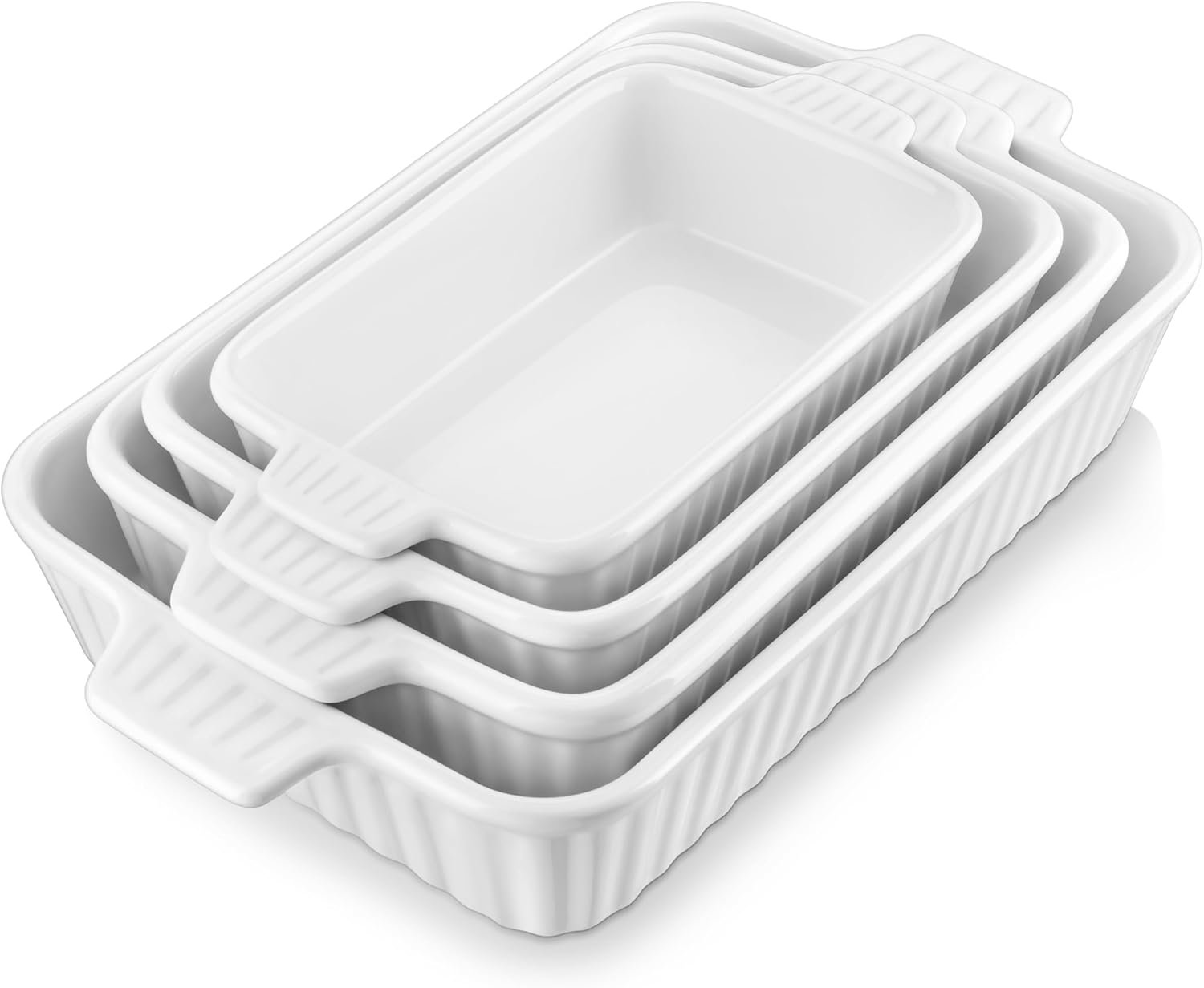 MALACASA Casserole Dishes for Oven, Porcelain Baking Dishes, Ceramic Bakeware Sets of 4, Rectangular Lasagna Pans Deep with Handles for Baking Cake Kitchen, White (9.4″/11.1″/12.2″/14.7″), Series