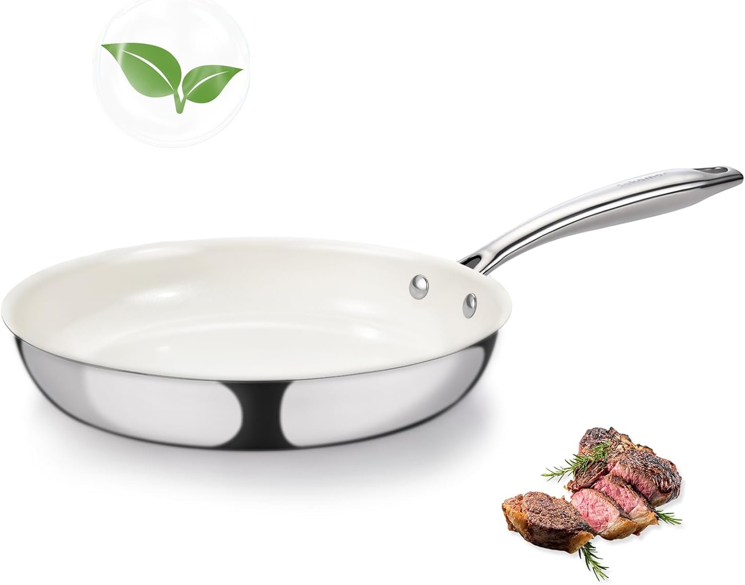 8″ Tri-Ply Stainless Steel Frying Pan, Nonstick Ceramic Pan, Skillet with Stay-Cool Handle, Non Toxic, PFAS PFOA PTFE Free, Dishwasher & Oven Safe, Induction, Compatible with All Cooktops