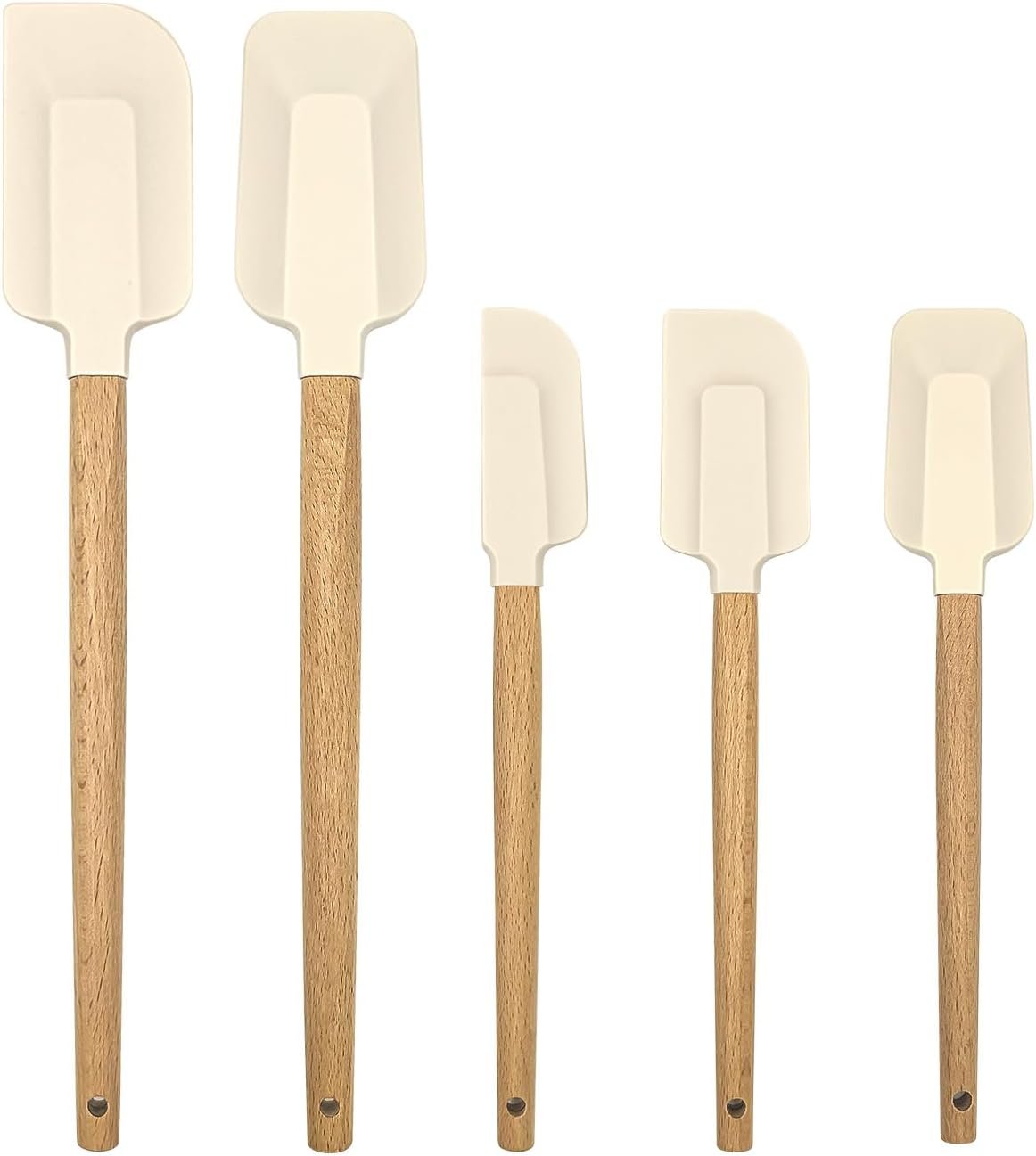 Ptanexx 5-Pcs Wooden Handle Silicone Spatula Set – Heat Resistant up to 428°F.Baking Spatulas for Batter Mixing, Cooking, Jar Scraping, Frosting & More | BPA FREE Gadgets for Non-Stick Cookware